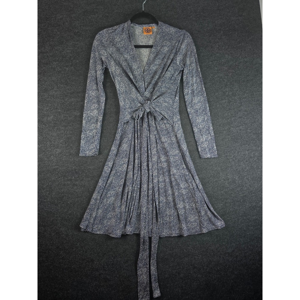 Tory Burch Women's Navy White Marled Silk Jersey Long Sleeve Wrap Dress Size XS